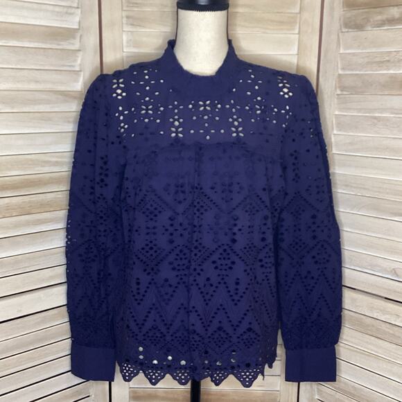 Anthropologie Seen Worn Kept Navy Cotton Eyelet Ruffle High Neck Blouse 6 - Picture 1 of 8